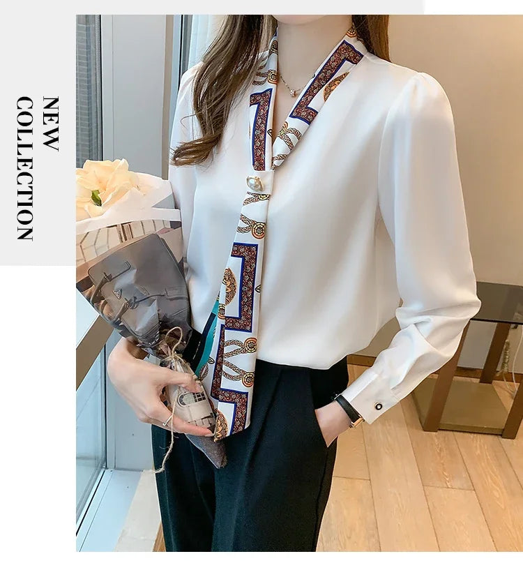 Blouse Femme Chiffon Col V Nœud Manches Longues Élégante