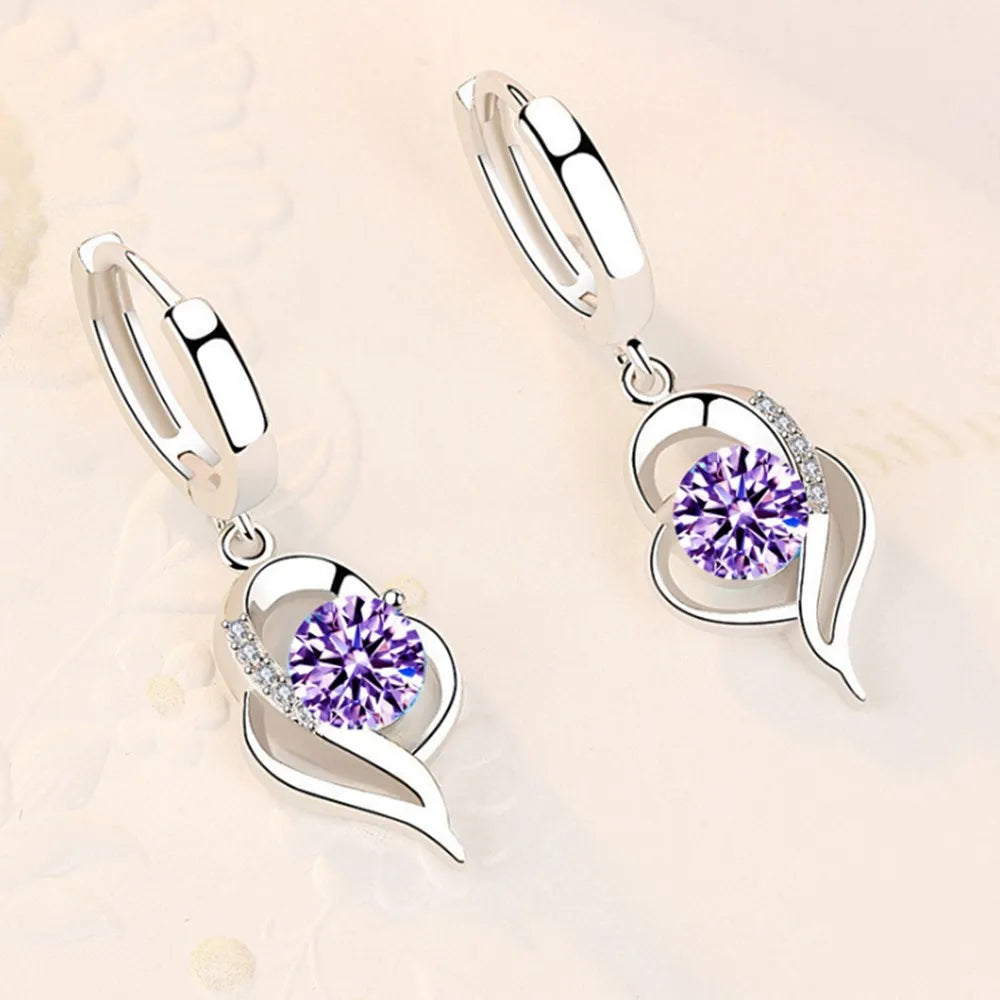 Boucles d’Oreilles Pendantes Cœur en Argent 925 – Zircon & Saphir Rose, Style Romantique, 17 Coloris