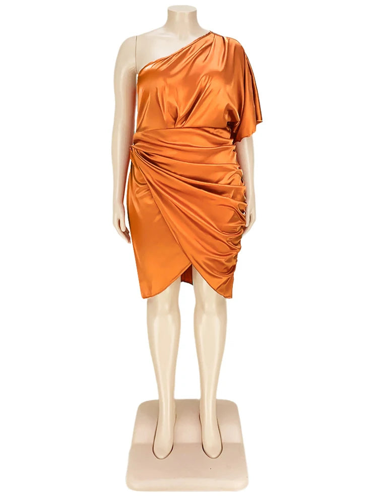 HBLL Plus Size Women Clothing Sexy Nightclub Pleated Asymmetric One Sleeve Satin Dress Evening Party Dresses XL-5XL Vestidos