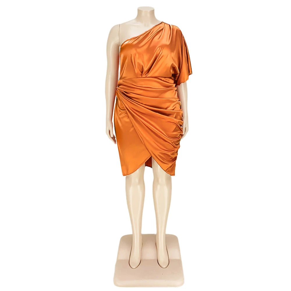 HBLL Plus Size Women Clothing Sexy Nightclub Pleated Asymmetric One Sleeve Satin Dress Evening Party Dresses XL-5XL Vestidos