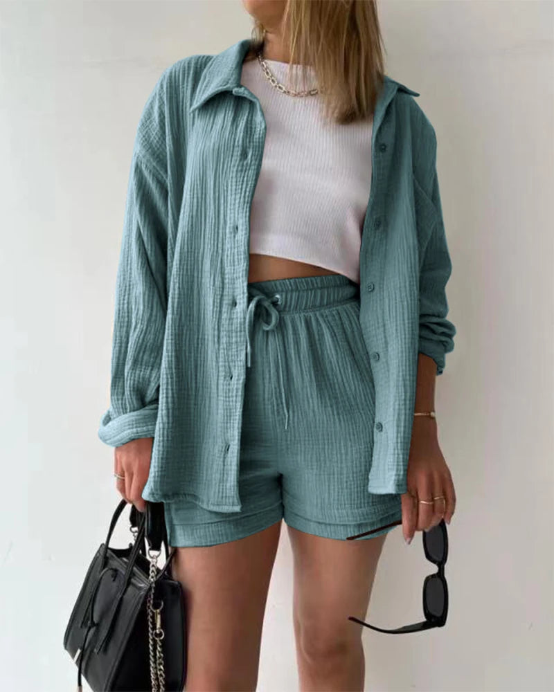 Ensemble 2 Pièces Femme Mousseline – Top Col Polo Manches Longues & Short Taille Élastique | Casual Été