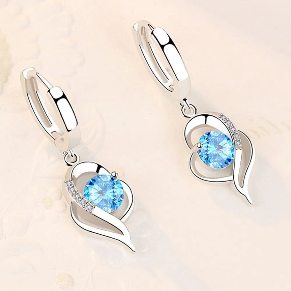 Boucles d’Oreilles Pendantes Cœur en Argent 925 – Zircon & Saphir Rose, Style Romantique, 17 Coloris
