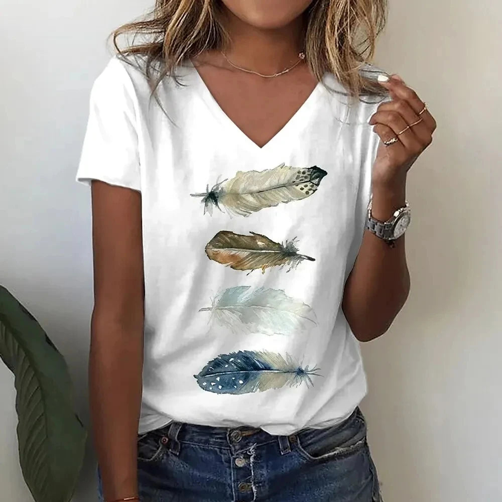 T-Shirt Femme Oversize Col V – Imprimé 3D Floral Manches Courtes Été