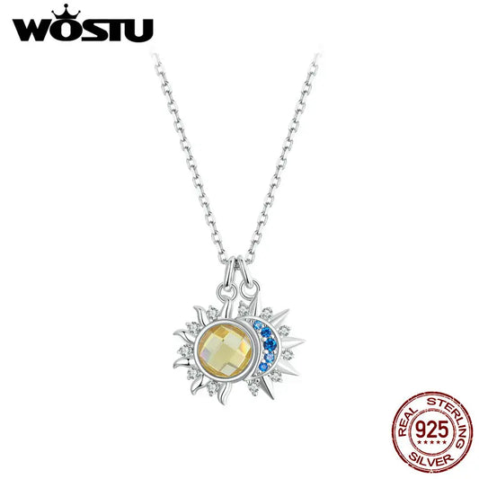 Collier Pendentif Lune & Soleil en Argent 925 – Zircon Bleu & Cristal Jaune Lumineux, Certifié GDTC | WOSTU