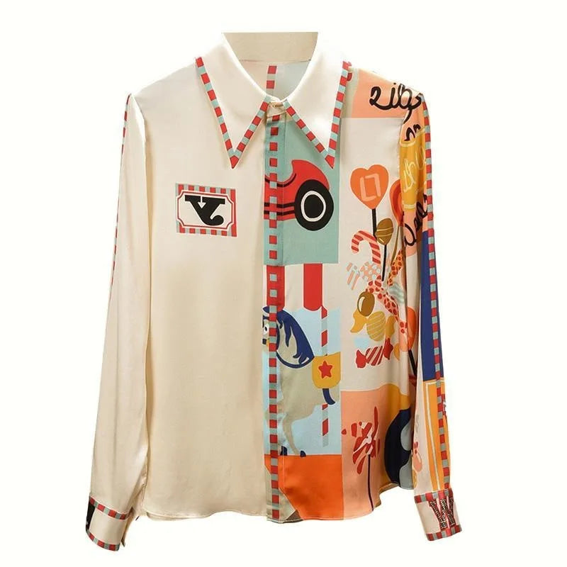 Chemise Femme Chiffon Imprimée Manches Longues – Col Rabattu Élégant Casual Printemps Été