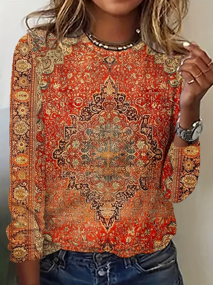 T-Shirt Femme Manches Longues Imprimé 3D Floral – Style Casual Street Automne Hiver