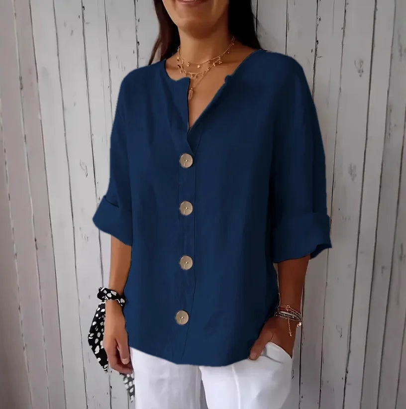 Chemise Femme Lin & Coton Col V – Coupe Loose, Boutonnage, Style Casual Élégant Bureau