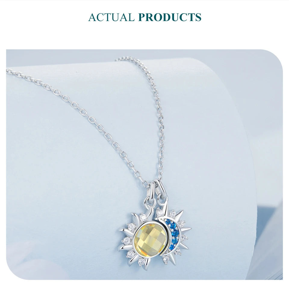 Collier Pendentif Lune & Soleil en Argent 925 – Zircon Bleu & Cristal Jaune Lumineux, Certifié GDTC | WOSTU