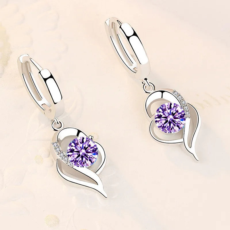 Boucles d’Oreilles Pendantes Cœur en Argent 925 – Zircon & Saphir Rose, Style Romantique, 17 Coloris
