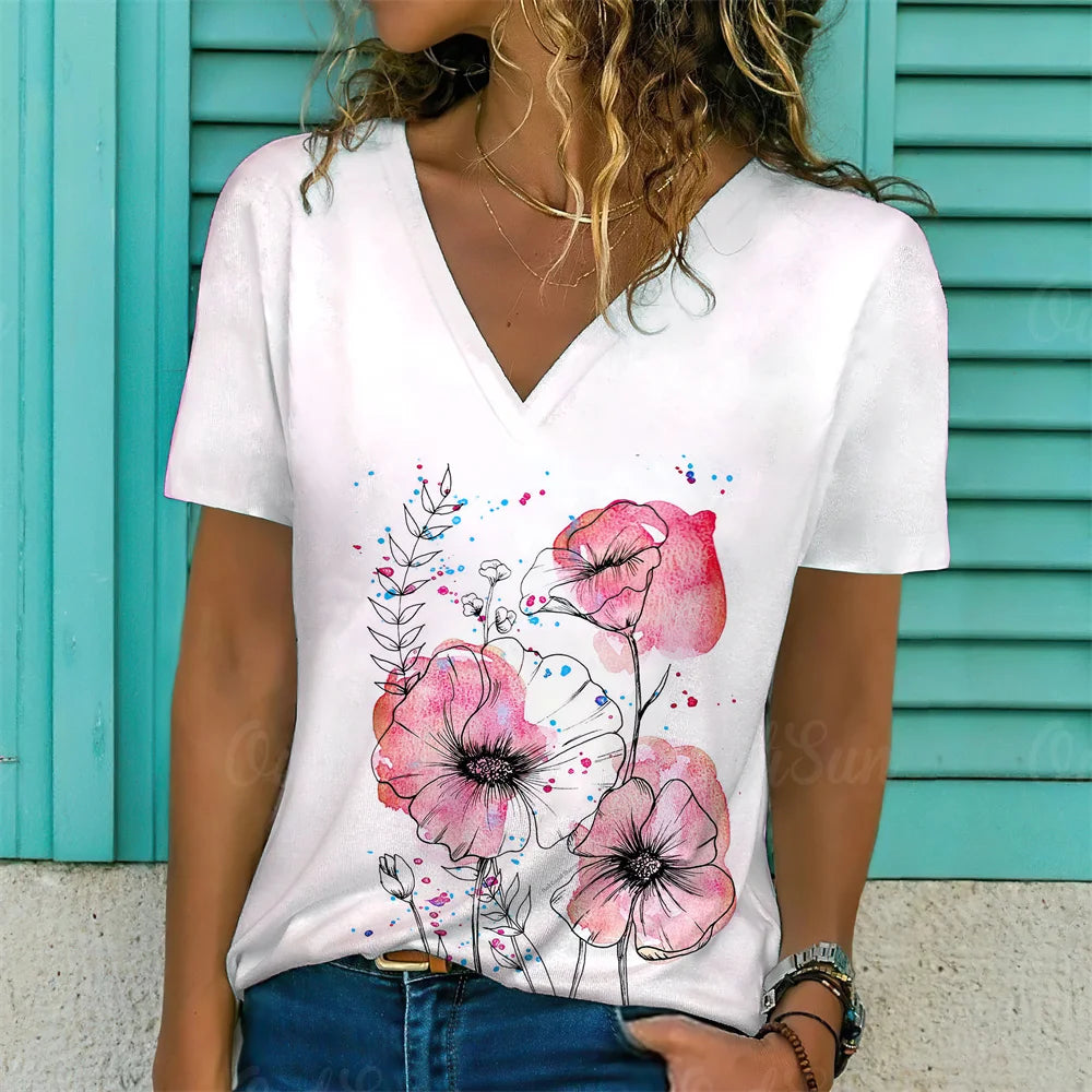 T-Shirt Femme Oversize Col V – Imprimé 3D Floral Manches Courtes Été