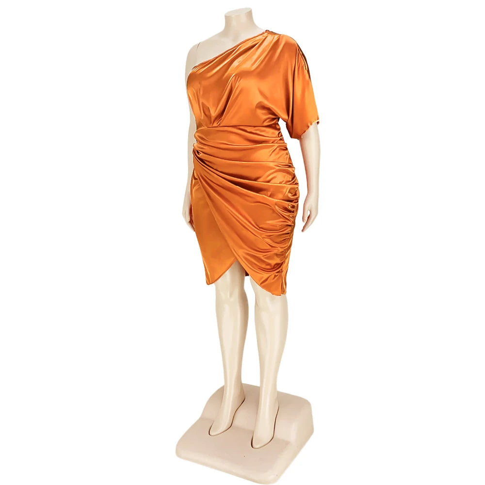HBLL Plus Size Women Clothing Sexy Nightclub Pleated Asymmetric One Sleeve Satin Dress Evening Party Dresses XL-5XL Vestidos