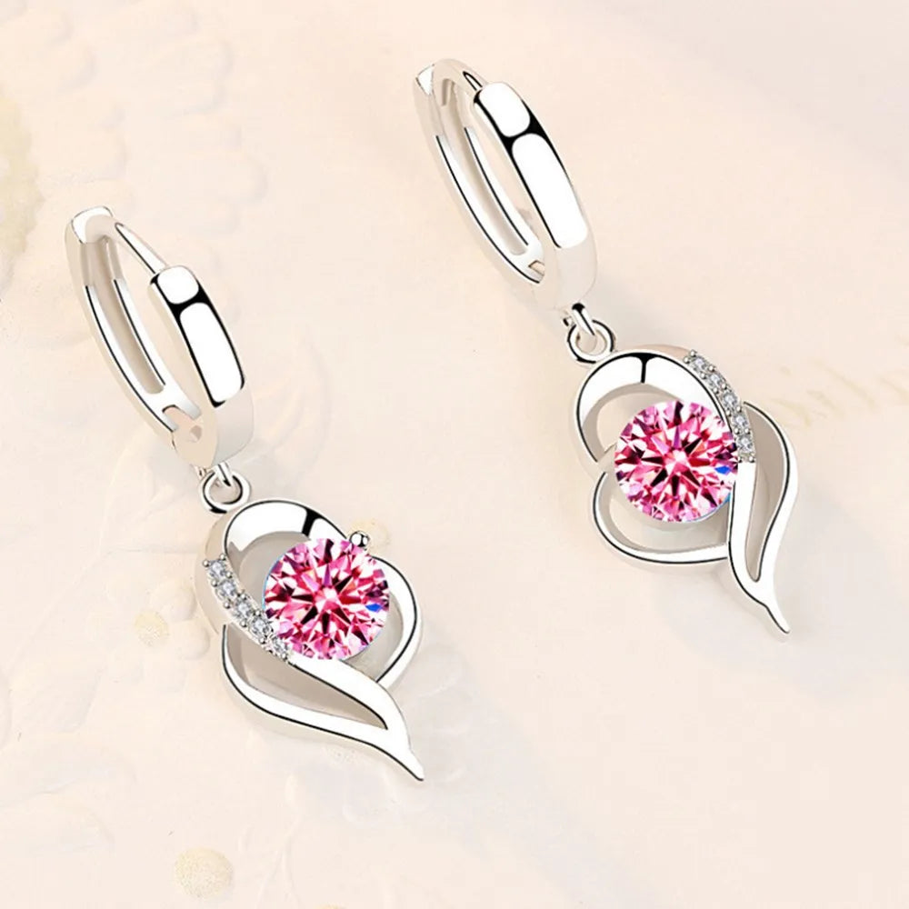 Boucles d’Oreilles Pendantes Cœur en Argent 925 – Zircon & Saphir Rose, Style Romantique, 17 Coloris