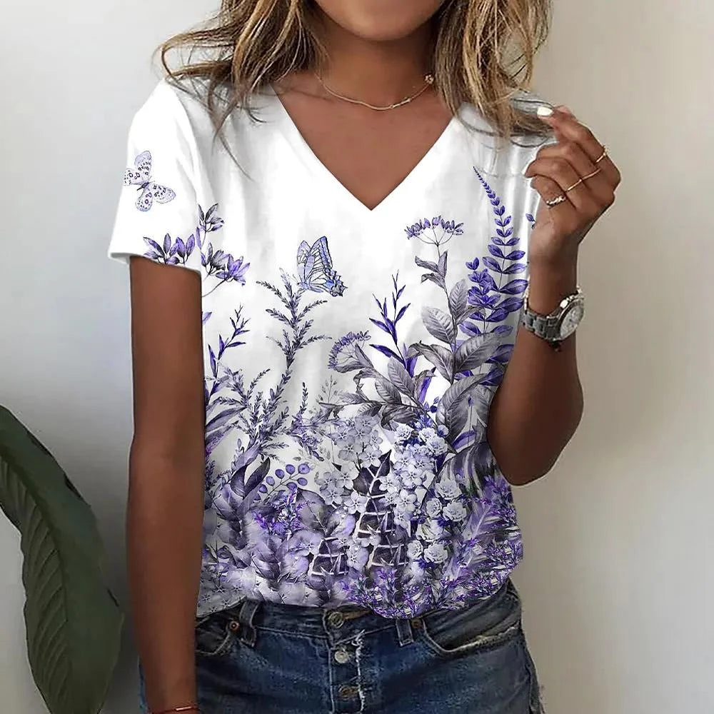 T-Shirt Femme Oversize Col V – Imprimé 3D Floral Manches Courtes Été