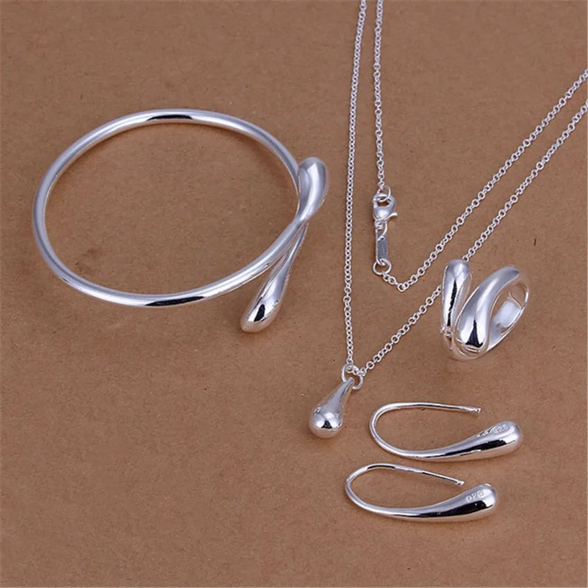 Parure Complète en Argent 925 Goutte d’Eau – Bracelet, Collier, Boucles & Bague | Cadeau Femme