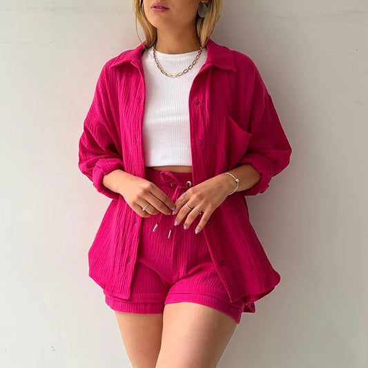 Ensemble 2 Pièces Femme Mousseline – Top Col Polo Manches Longues & Short Taille Élastique | Casual Été