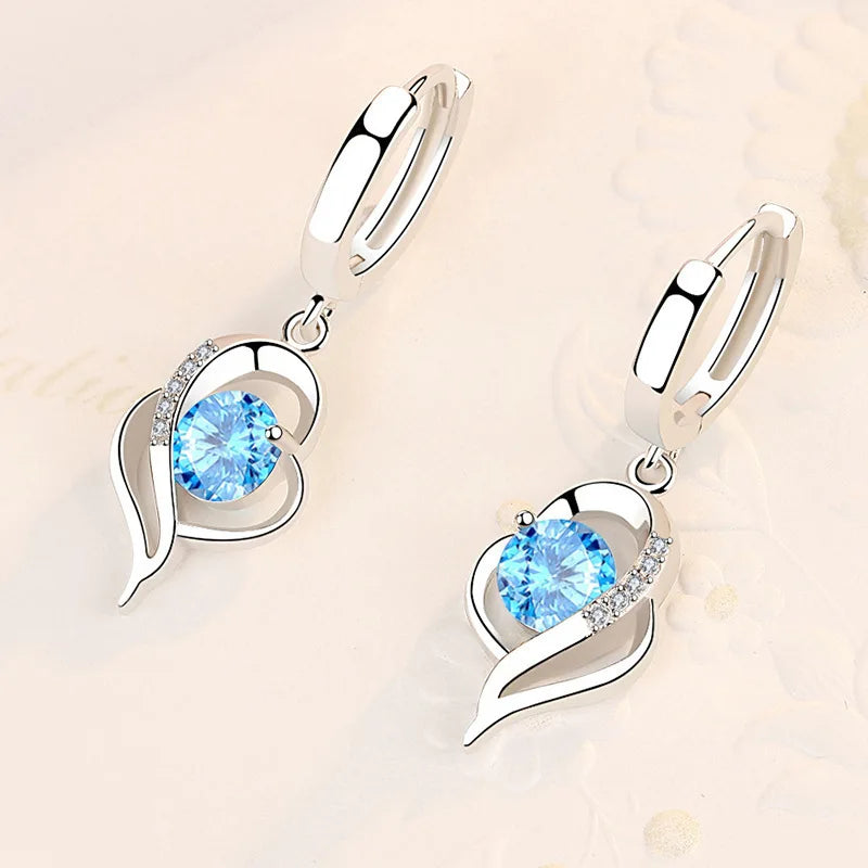 Boucles d’Oreilles Pendantes Cœur en Argent 925 – Zircon & Saphir Rose, Style Romantique, 17 Coloris
