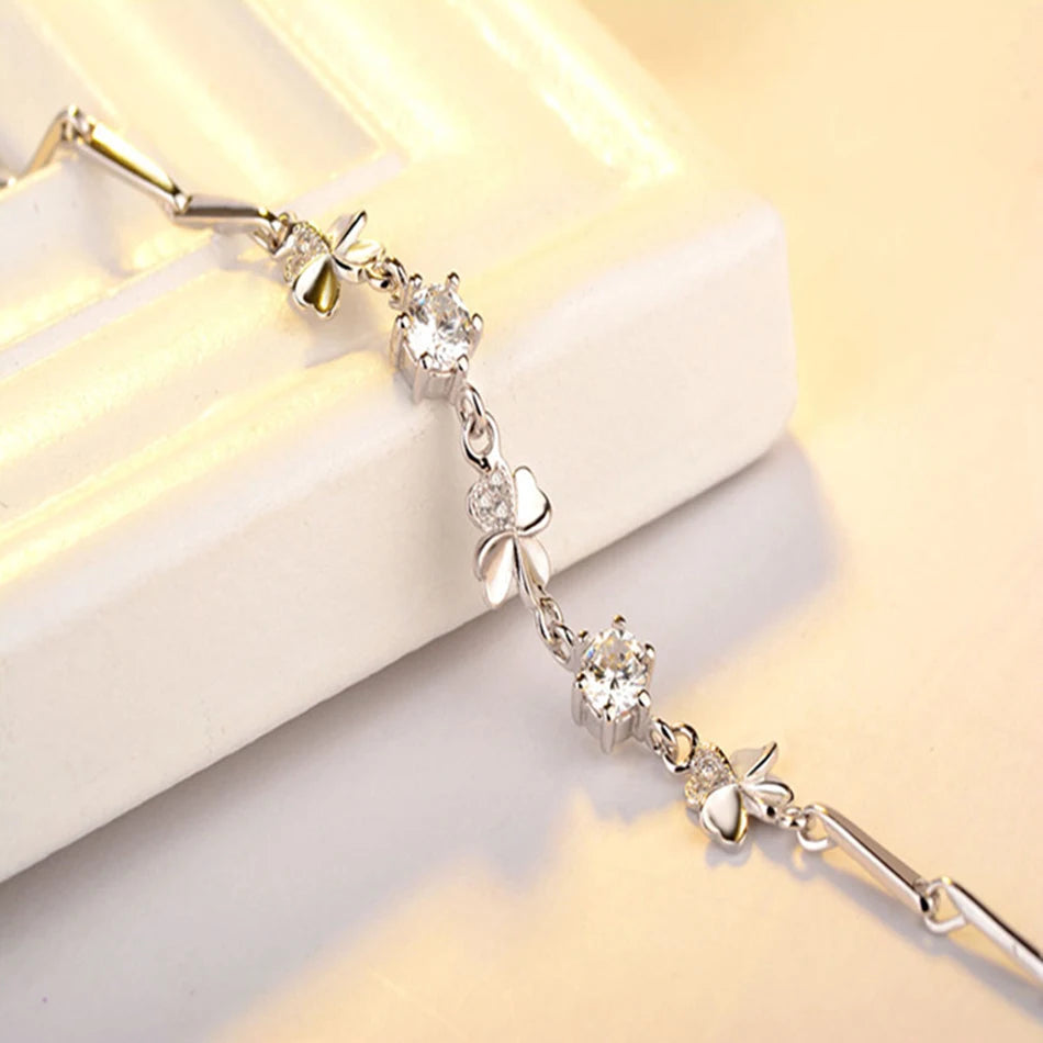 Bracelet Chaîne en Argent 925 Trèfle Porte-Bonheur & Cristaux – Bijou Fin Certifié