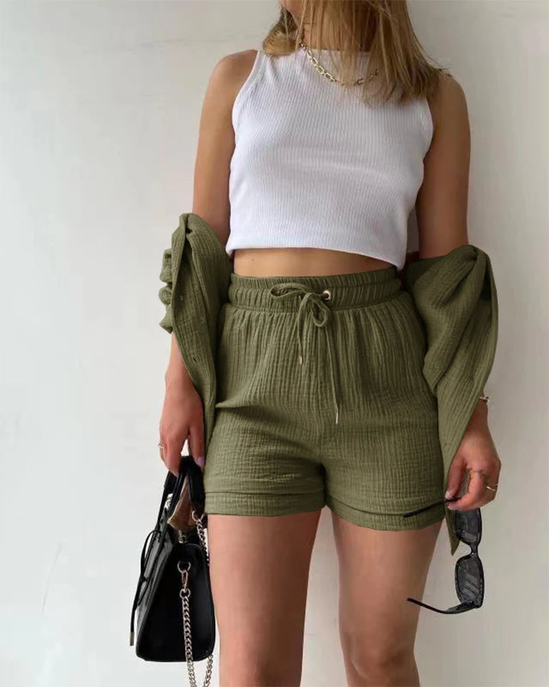 Ensemble 2 Pièces Femme Mousseline – Top Col Polo Manches Longues & Short Taille Élastique | Casual Été