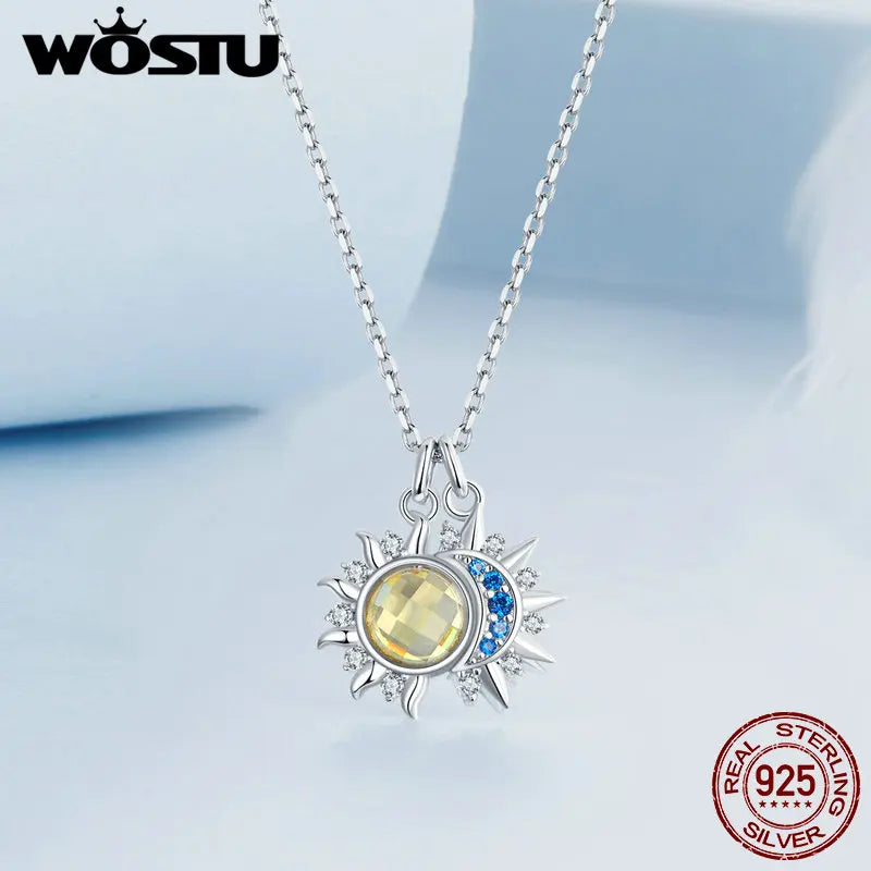 Collier Pendentif Lune & Soleil en Argent 925 – Zircon Bleu & Cristal Jaune Lumineux, Certifié GDTC | WOSTU
