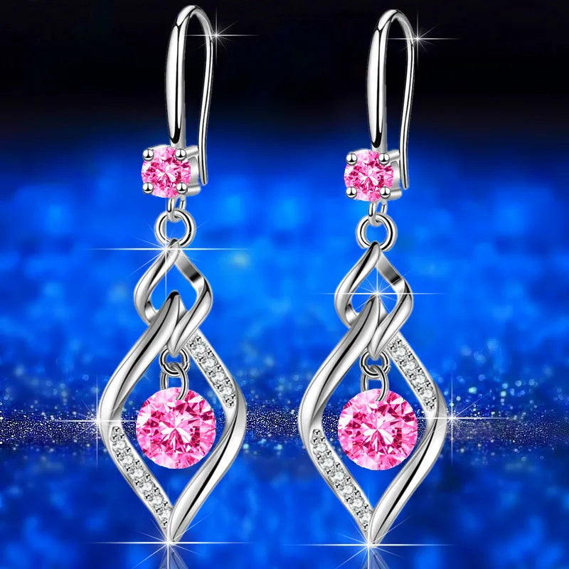 Boucles d’Oreilles Pendantes Cœur en Argent 925 – Zircon & Saphir Rose, Style Romantique, 17 Coloris