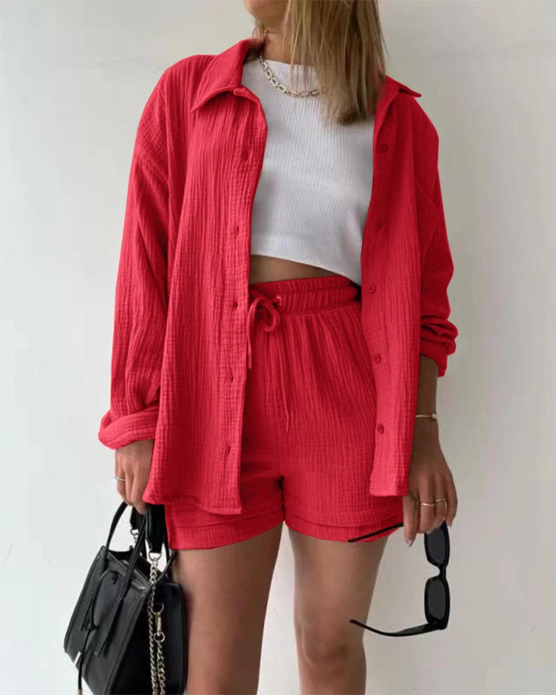 Ensemble 2 Pièces Femme Mousseline – Top Col Polo Manches Longues & Short Taille Élastique | Casual Été