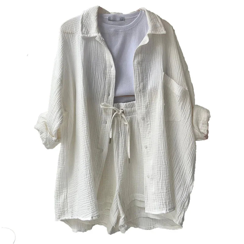 Ensemble 2 Pièces Femme Mousseline – Top Col Polo Manches Longues & Short Taille Élastique | Casual Été