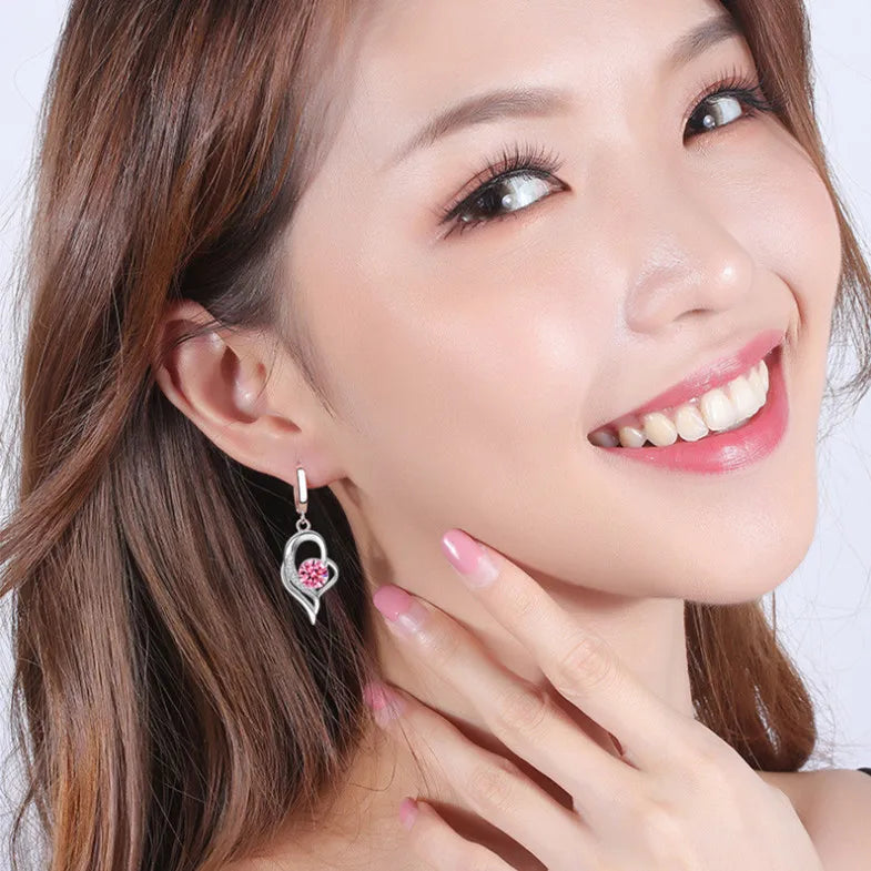 Boucles d’Oreilles Pendantes Cœur en Argent 925 – Zircon & Saphir Rose, Style Romantique, 17 Coloris