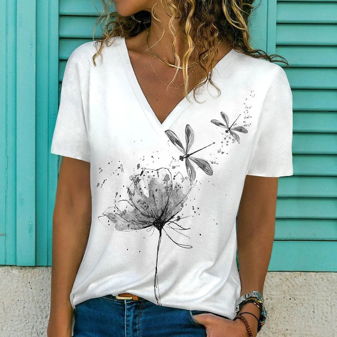 T-Shirt Femme Oversize Col V – Imprimé 3D Floral Manches Courtes Été