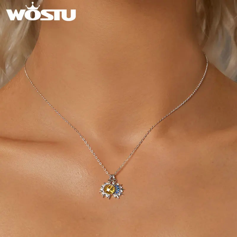 Collier Pendentif Lune & Soleil en Argent 925 – Zircon Bleu & Cristal Jaune Lumineux, Certifié GDTC | WOSTU