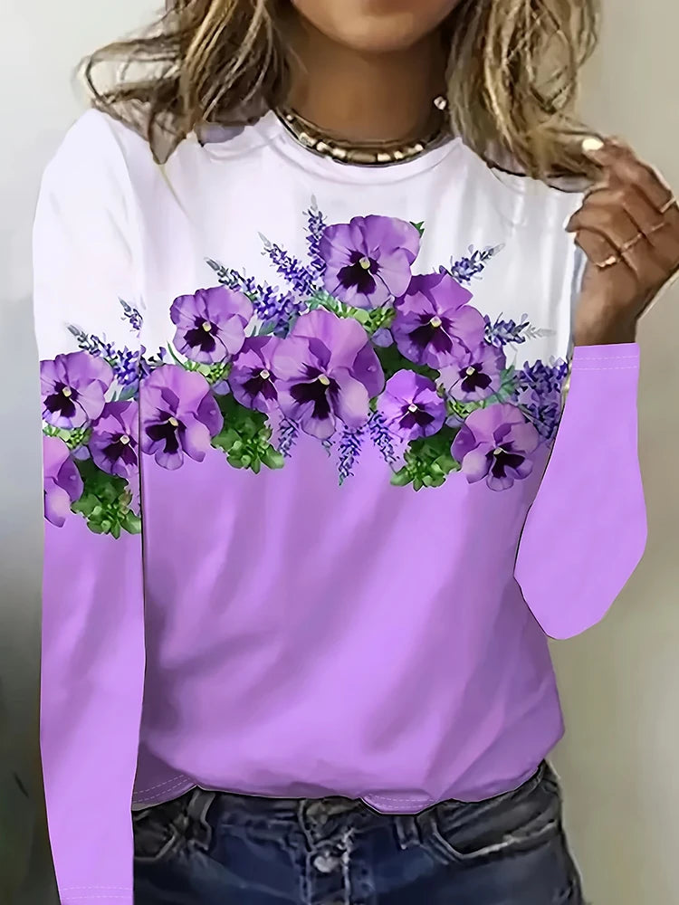 T-Shirt Femme Manches Longues Imprimé 3D Floral – Style Casual Street Automne Hiver