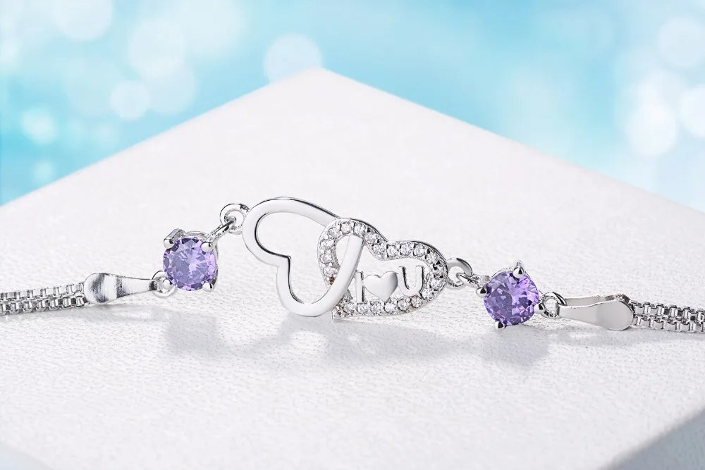 Bracelet Double Chaîne en Argent 925 Cœur & Zirconia – Amour Éternel, Bijou Fin Tendance