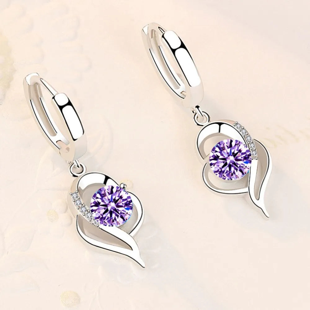 Boucles d’Oreilles Pendantes Cœur en Argent 925 – Zircon & Saphir Rose, Style Romantique, 17 Coloris