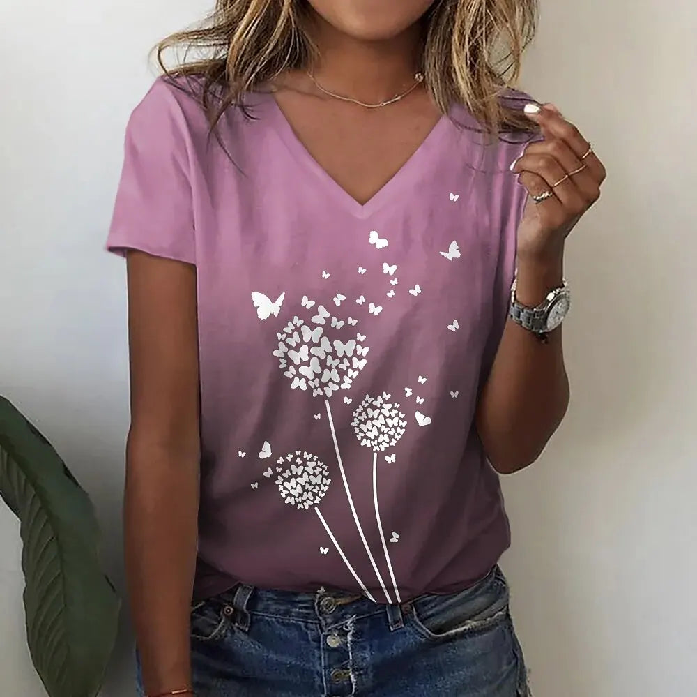 T-Shirt Femme Oversize Col V – Imprimé 3D Floral Manches Courtes Été