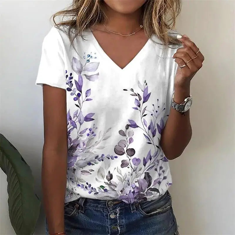 T-Shirt Femme Oversize Col V – Imprimé 3D Floral Manches Courtes Été