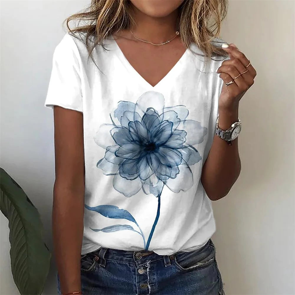 T-Shirt Femme Oversize Col V – Imprimé 3D Floral Manches Courtes Été