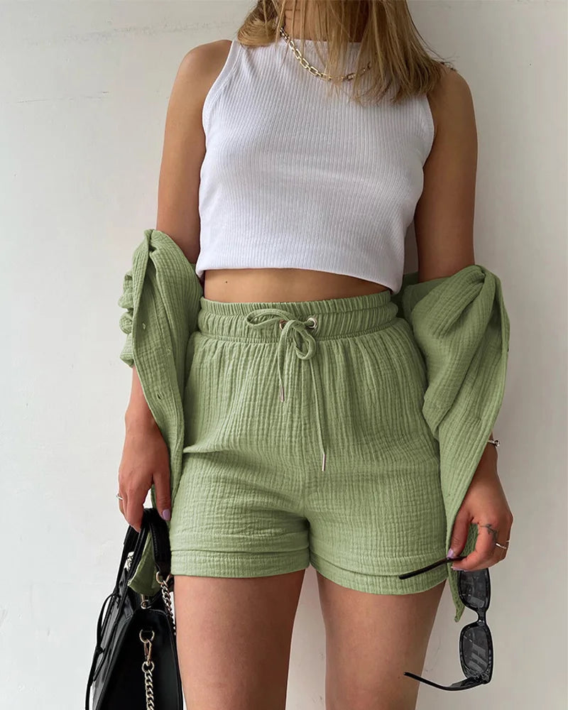 Ensemble 2 Pièces Femme Mousseline – Top Col Polo Manches Longues & Short Taille Élastique | Casual Été