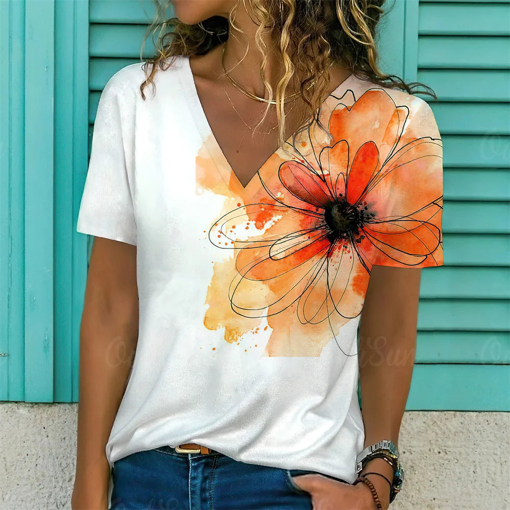 T-Shirt Femme Oversize Col V – Imprimé 3D Floral Manches Courtes Été