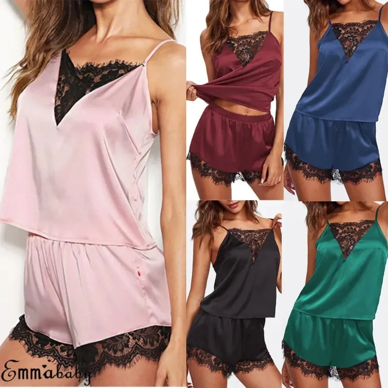 Ensemble Pyjama Femme Satin & Dentelle – Caraco + Short, Sexy & Élégant