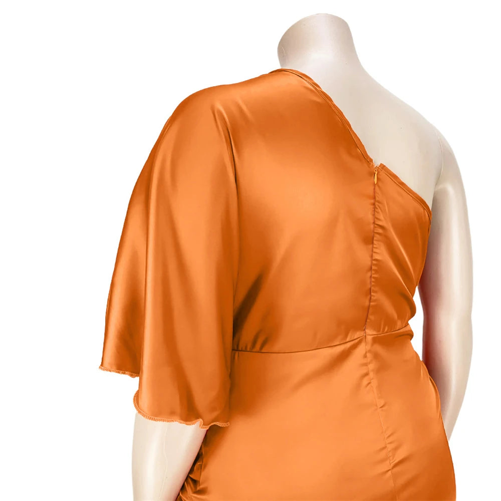 HBLL Plus Size Women Clothing Sexy Nightclub Pleated Asymmetric One Sleeve Satin Dress Evening Party Dresses XL-5XL Vestidos