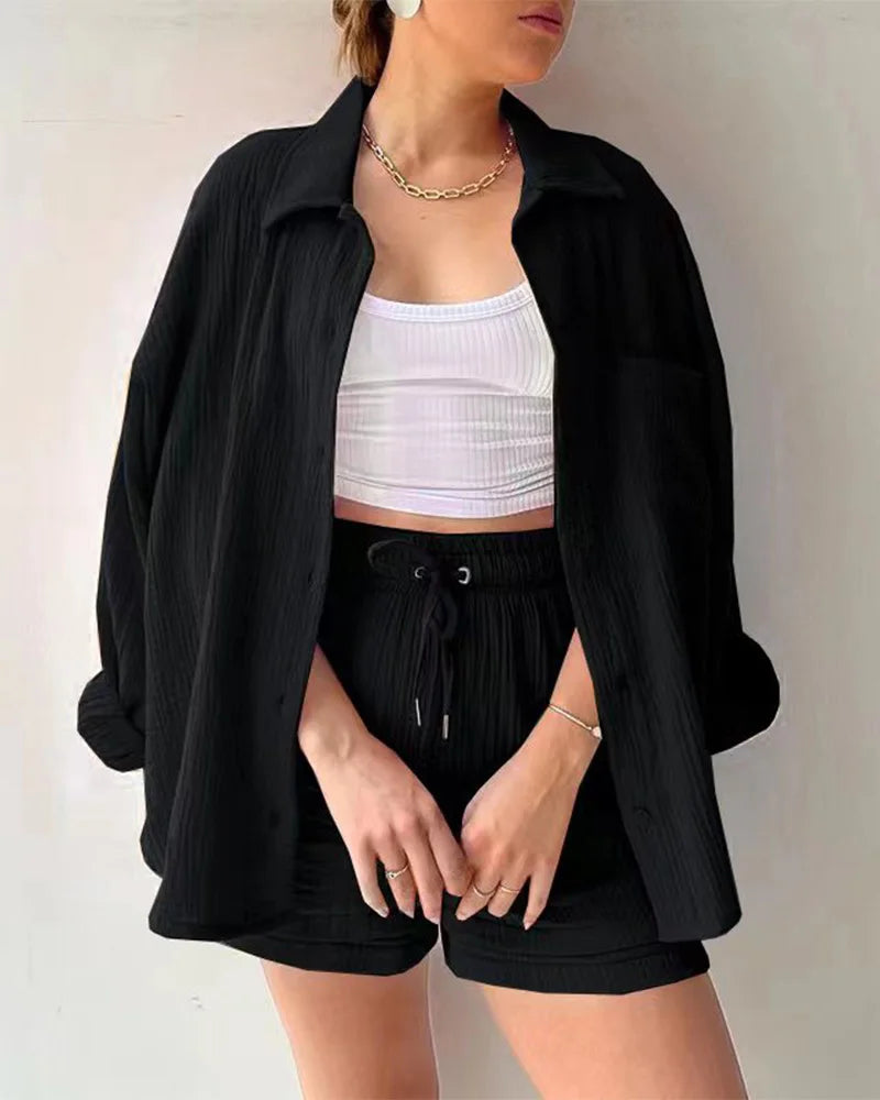 Ensemble 2 Pièces Femme Mousseline – Top Col Polo Manches Longues & Short Taille Élastique | Casual Été