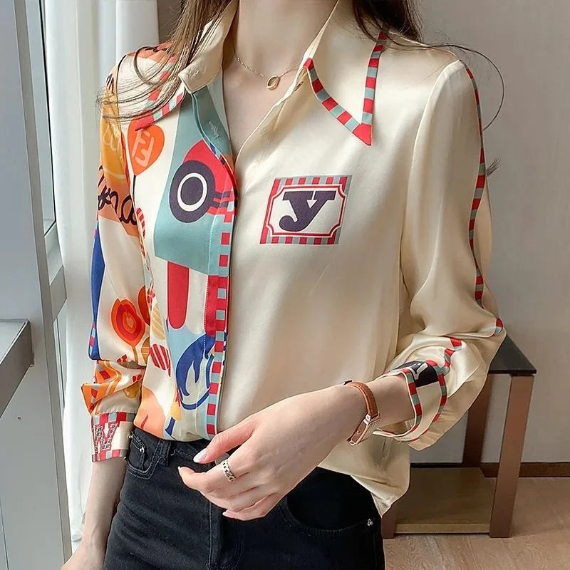 Chemise Femme Chiffon Imprimée Manches Longues – Col Rabattu Élégant Casual Printemps Été