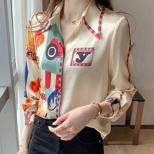 Chemise Femme Chiffon Imprimée Manches Longues – Col Rabattu Élégant Casual Printemps Été