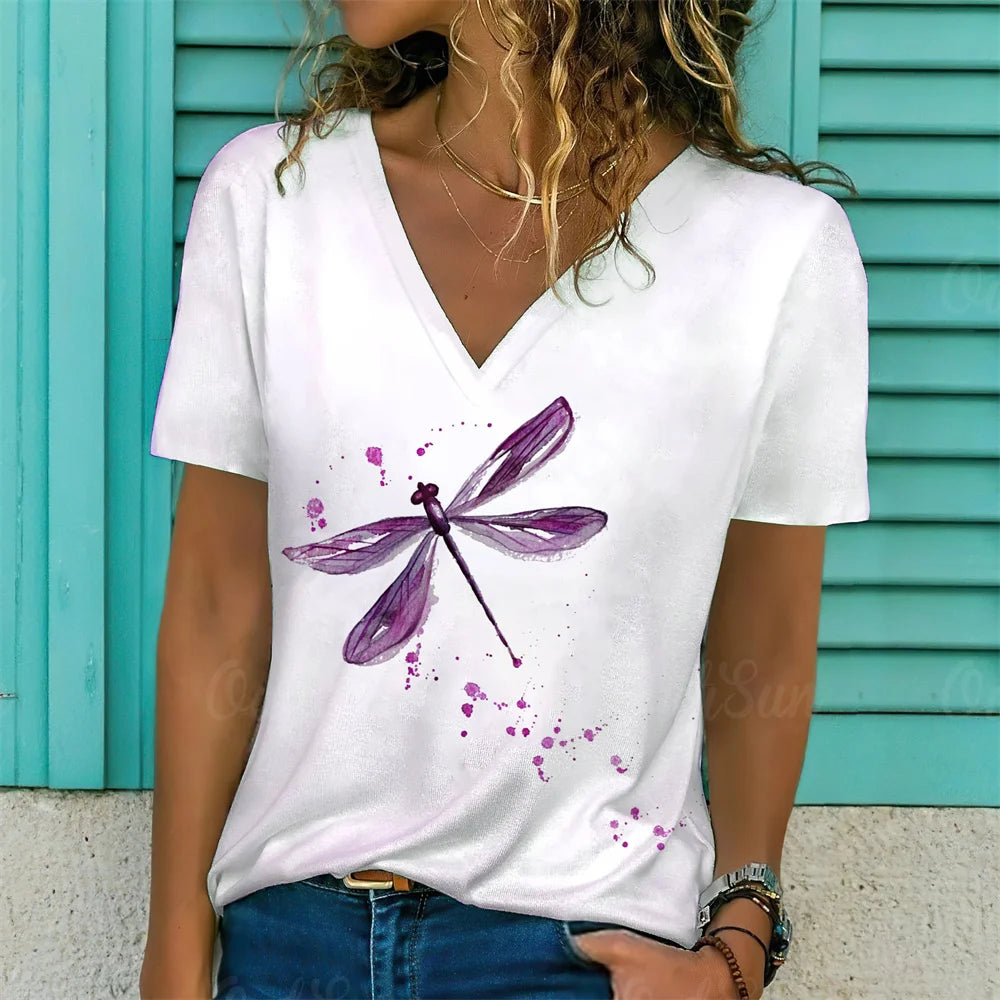 T-Shirt Femme Oversize Col V – Imprimé 3D Floral Manches Courtes Été
