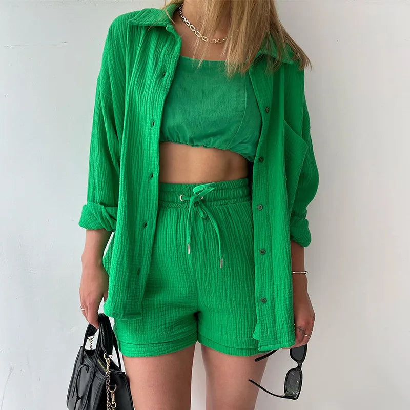 Ensemble 2 Pièces Femme Mousseline – Top Col Polo Manches Longues & Short Taille Élastique | Casual Été