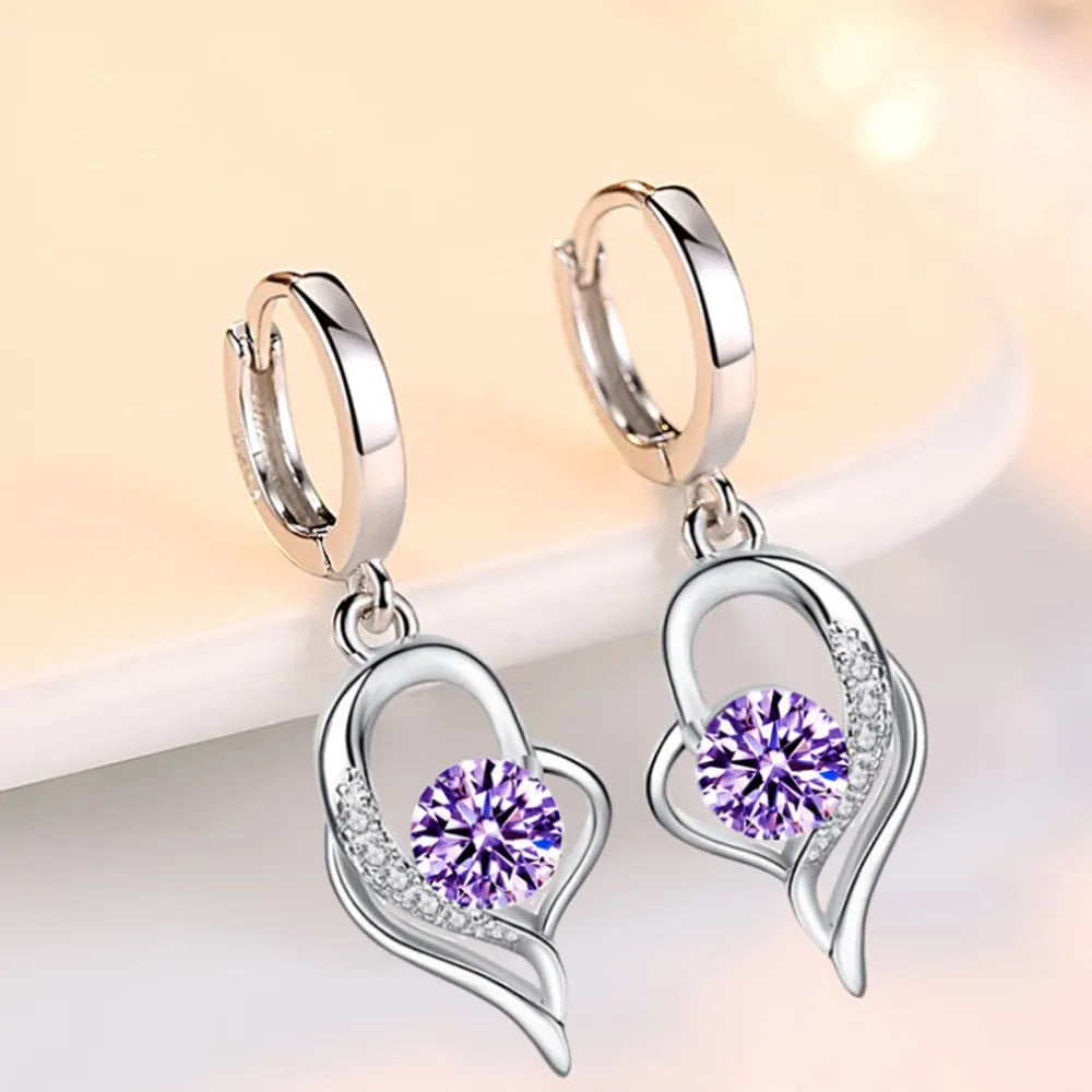 Boucles d’Oreilles Pendantes Cœur en Argent 925 – Zircon & Saphir Rose, Style Romantique, 17 Coloris