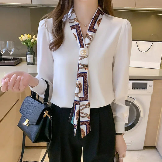 Blouse Femme Chiffon Col V Nœud Manches Longues Élégante