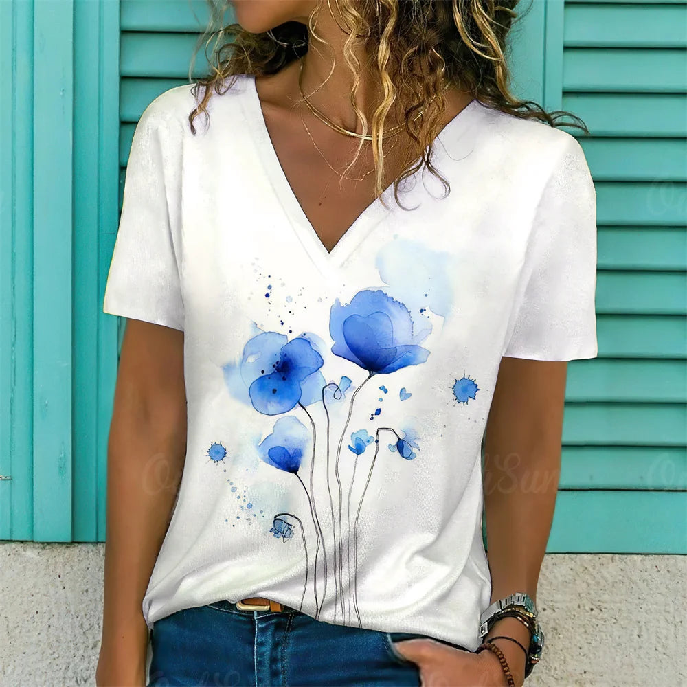 T-Shirt Femme Oversize Col V – Imprimé 3D Floral Manches Courtes Été