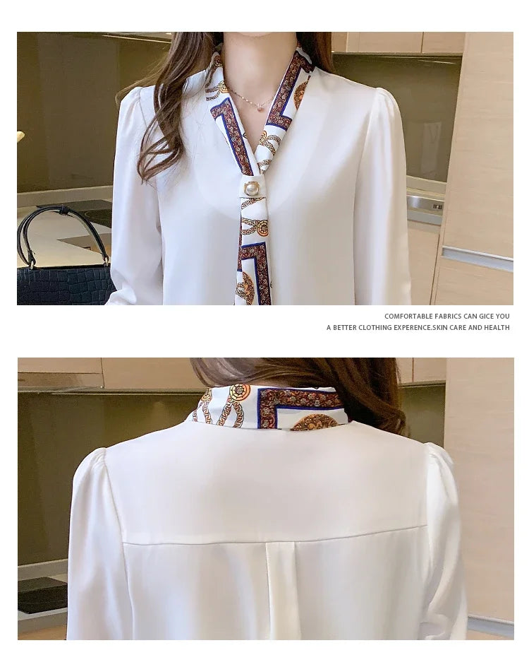 Blouse Femme Chiffon Col V Nœud Manches Longues Élégante