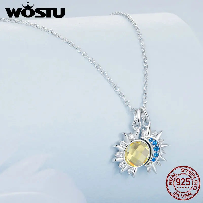 Collier Pendentif Lune & Soleil en Argent 925 – Zircon Bleu & Cristal Jaune Lumineux, Certifié GDTC | WOSTU