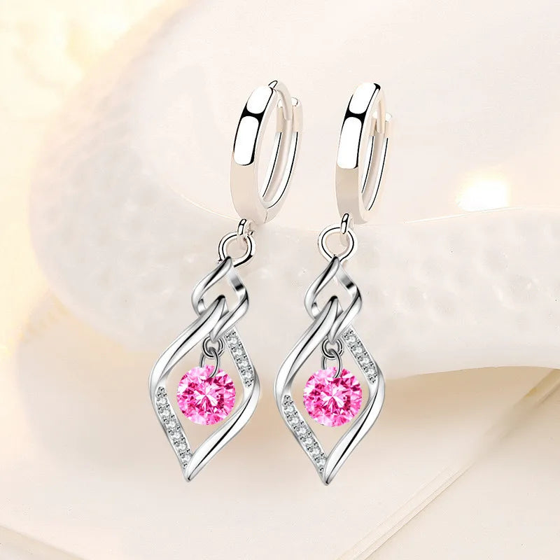 Boucles d’Oreilles Pendantes Cœur en Argent 925 – Zircon & Saphir Rose, Style Romantique, 17 Coloris